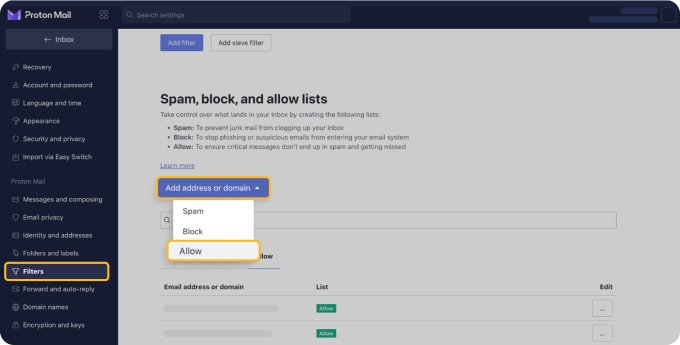 ProtonMail Allow